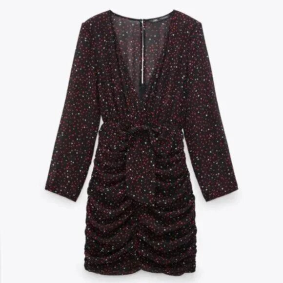 Zara Heart Print Mini Dress Ruched Long Sleeve V-Neck Party Dress - Picture 1 of 13